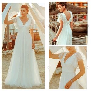 DoubleV-Neck Maxi Lace Wedding Ruffle Sleeves